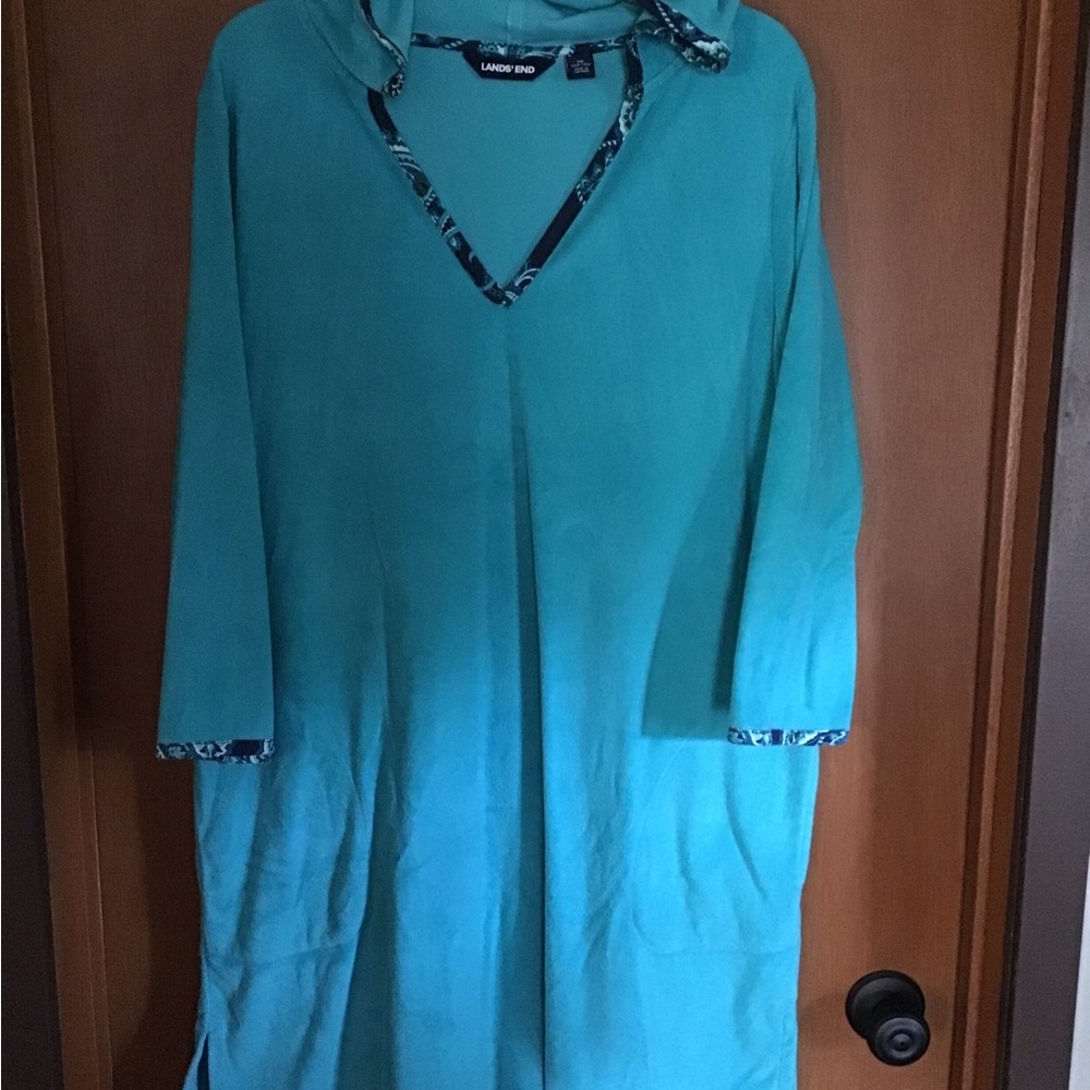 Lands' End Turquoise V-Neck Hooded Terry Tunic/Cover-up -1X 16W-18W